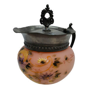Antique Victorian MT WASHINGTON Pink Satin Glass Hand Painted Lidded Creamer